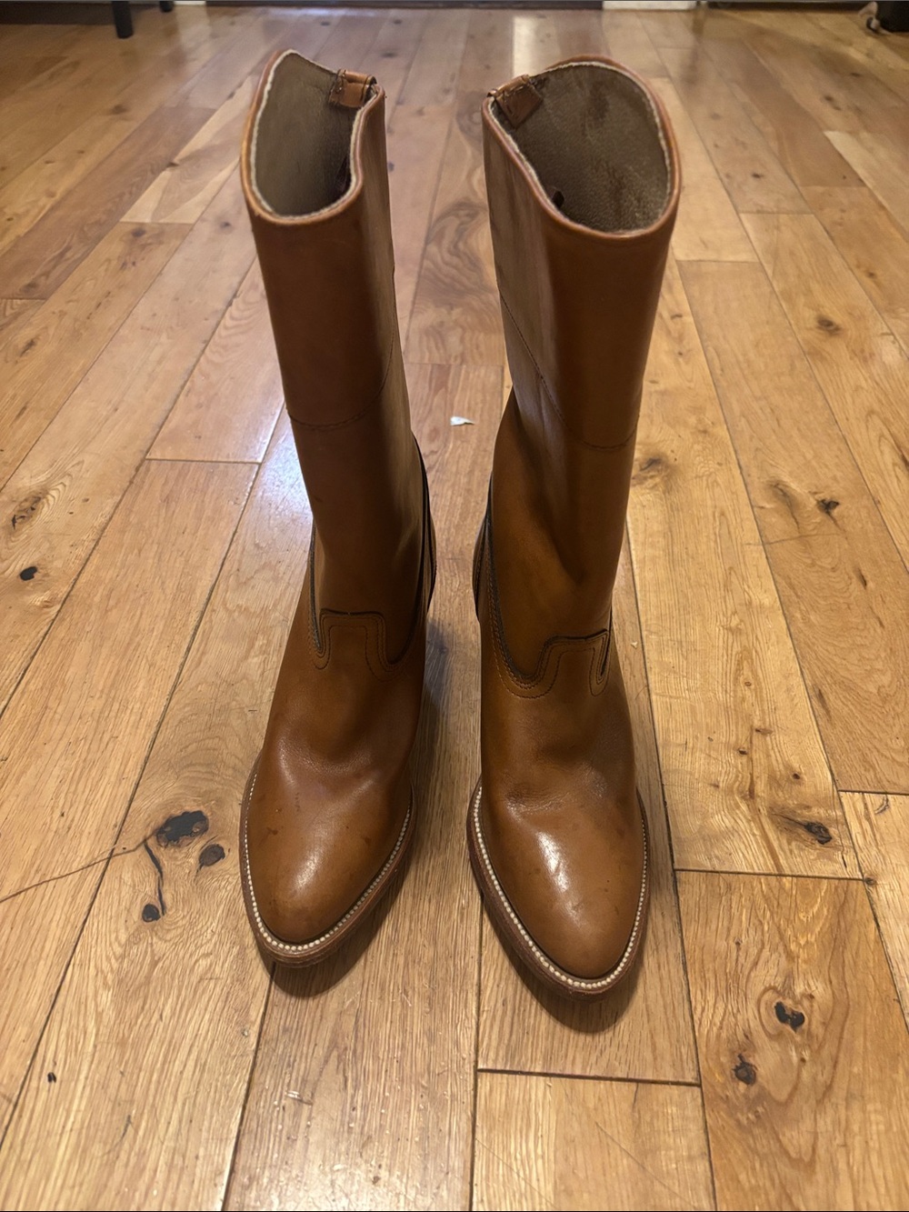 Frye 70s Vintage Tan Leather Mid-Calf Western Boots - Picture 2 of 12
